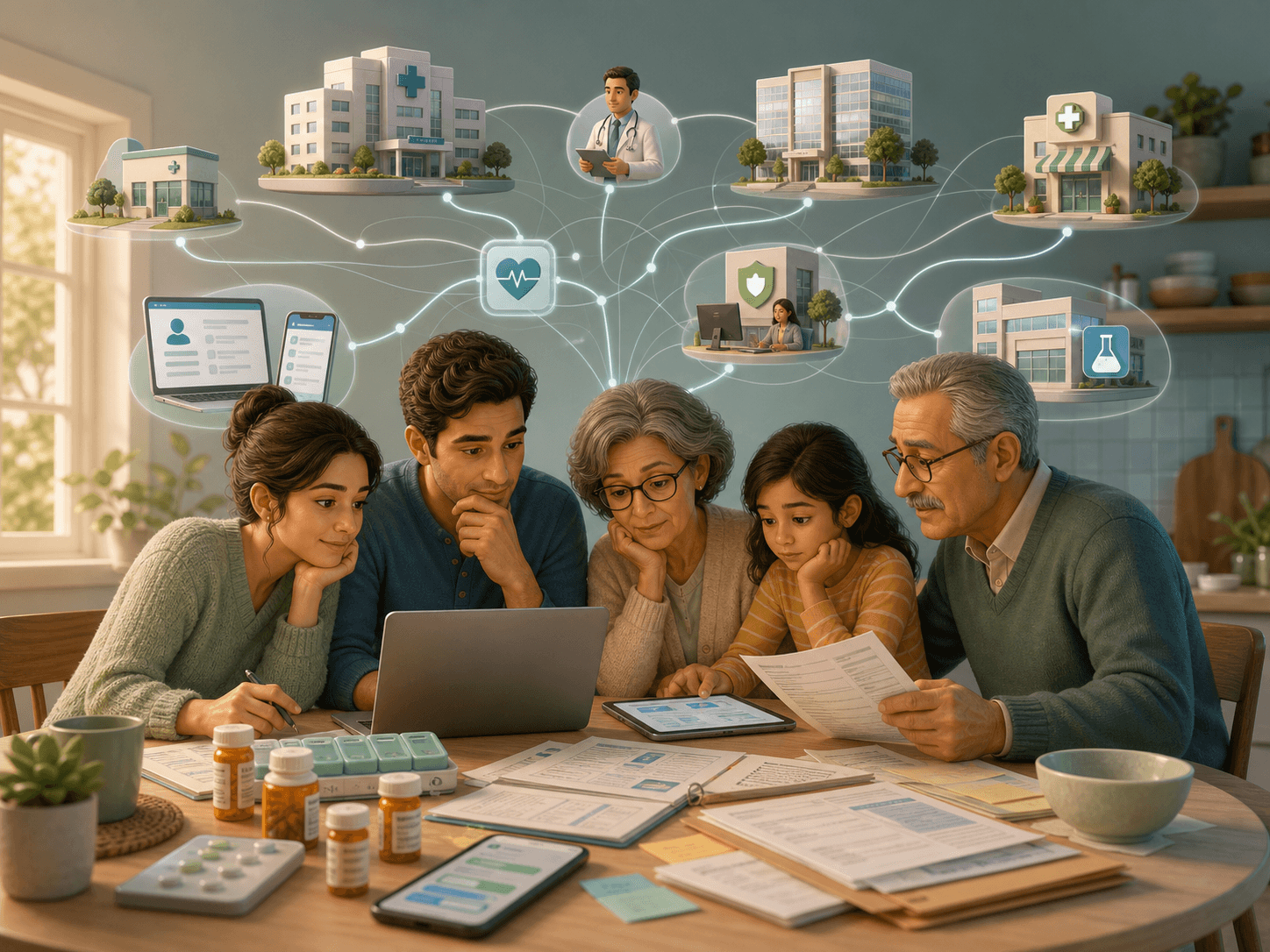 A family at a kitchen table connecting scattered healthcare records, messages, medications, and care systems