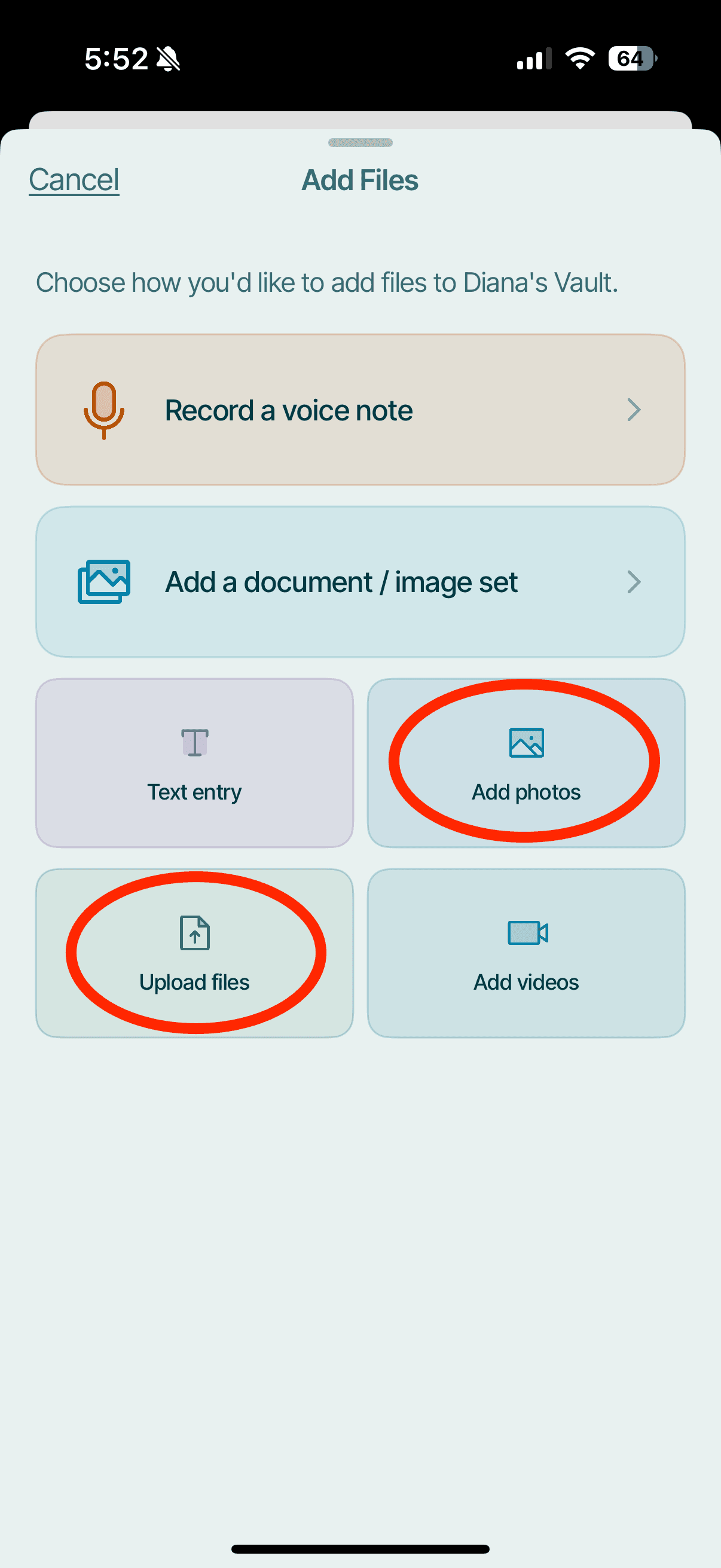 Mediphant Add Files sheet on iPhone with Upload files and Add photos highlighted