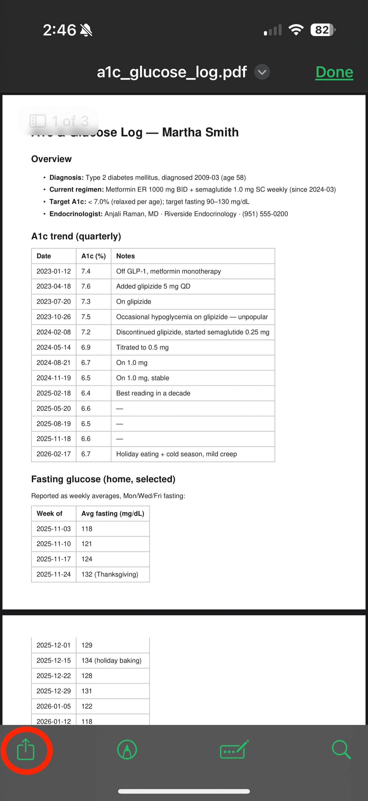 A PDF open on iPhone with the Share button highlighted